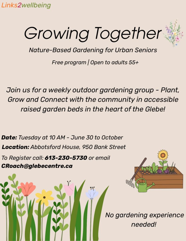 Growing Together poster: raised garden beds in bloom at the Abbotsford Seniors Centre